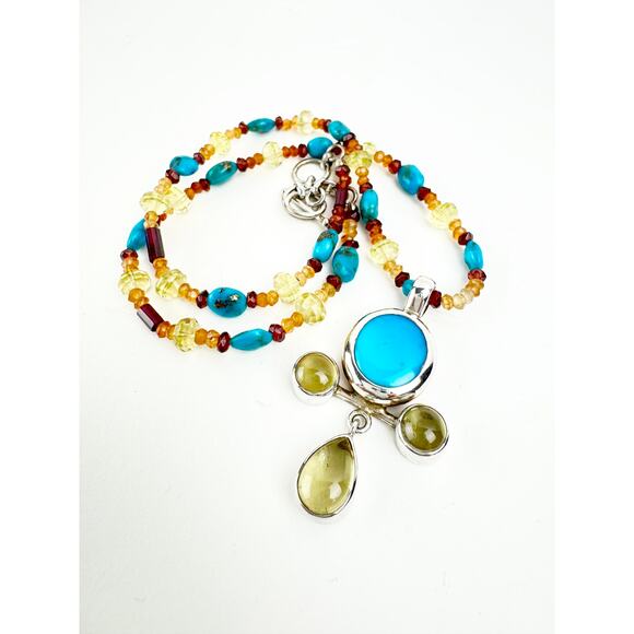 Arizona Turquoise Lemon Citrine Cross Handmade Sterling Silver Beaded Chain - Picture 3 of 7